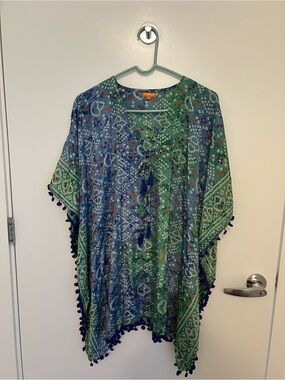 Elegantly Fashionable Blue & Green Printed with Pom-Pom and Tassel Swim Coverup